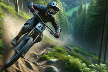 downhill mountain biker in action. The biker is wearing full protective gear, including a helmet, gloves, and pads.