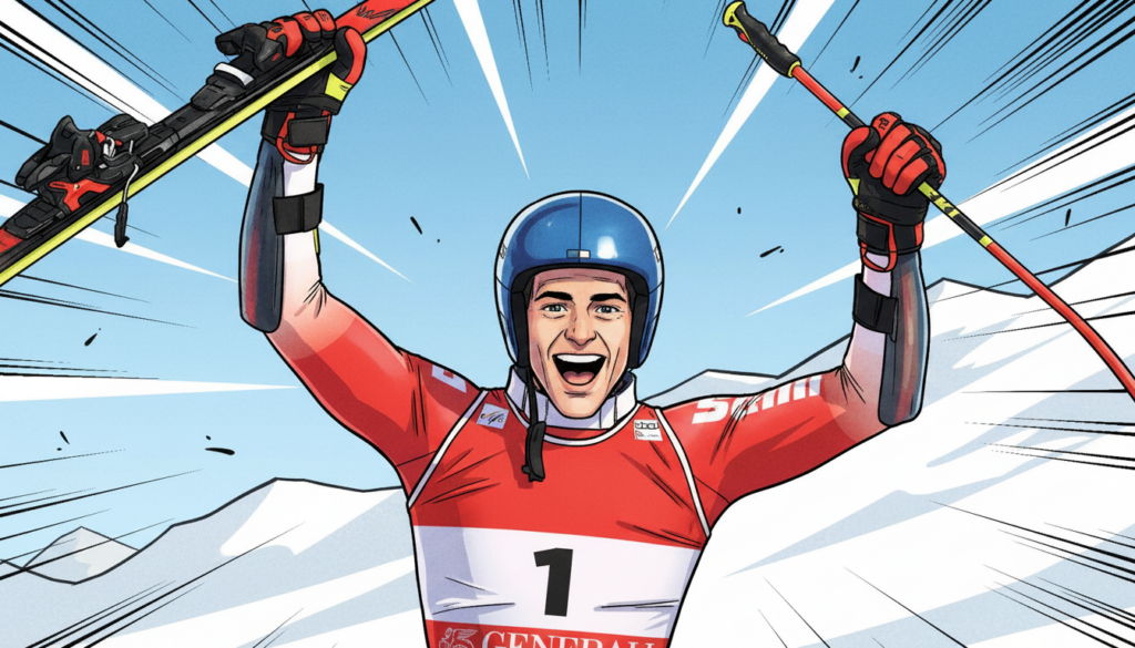 Marco Odermatt gewinnt Riesenslalom Ski-WM comicstil jubel im Gesicht und ski in den Himmel