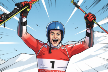 Marco Odermatt gewinnt Riesenslalom Ski-WM comicstil jubel im Gesicht und ski in den Himmel