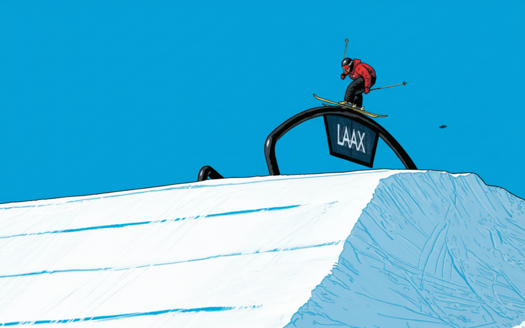 laax open 2026 veranstaltung comicstil skifahrer springt über tor