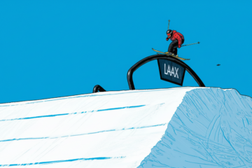 laax open 2026 veranstaltung comicstil skifahrer springt über tor